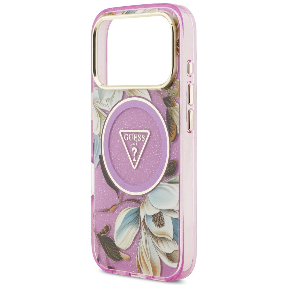 Husa MagSafe pentru Apple iPhone 17 Pro, Guess, IML Metal Glitter Flowers Triangle, Mov