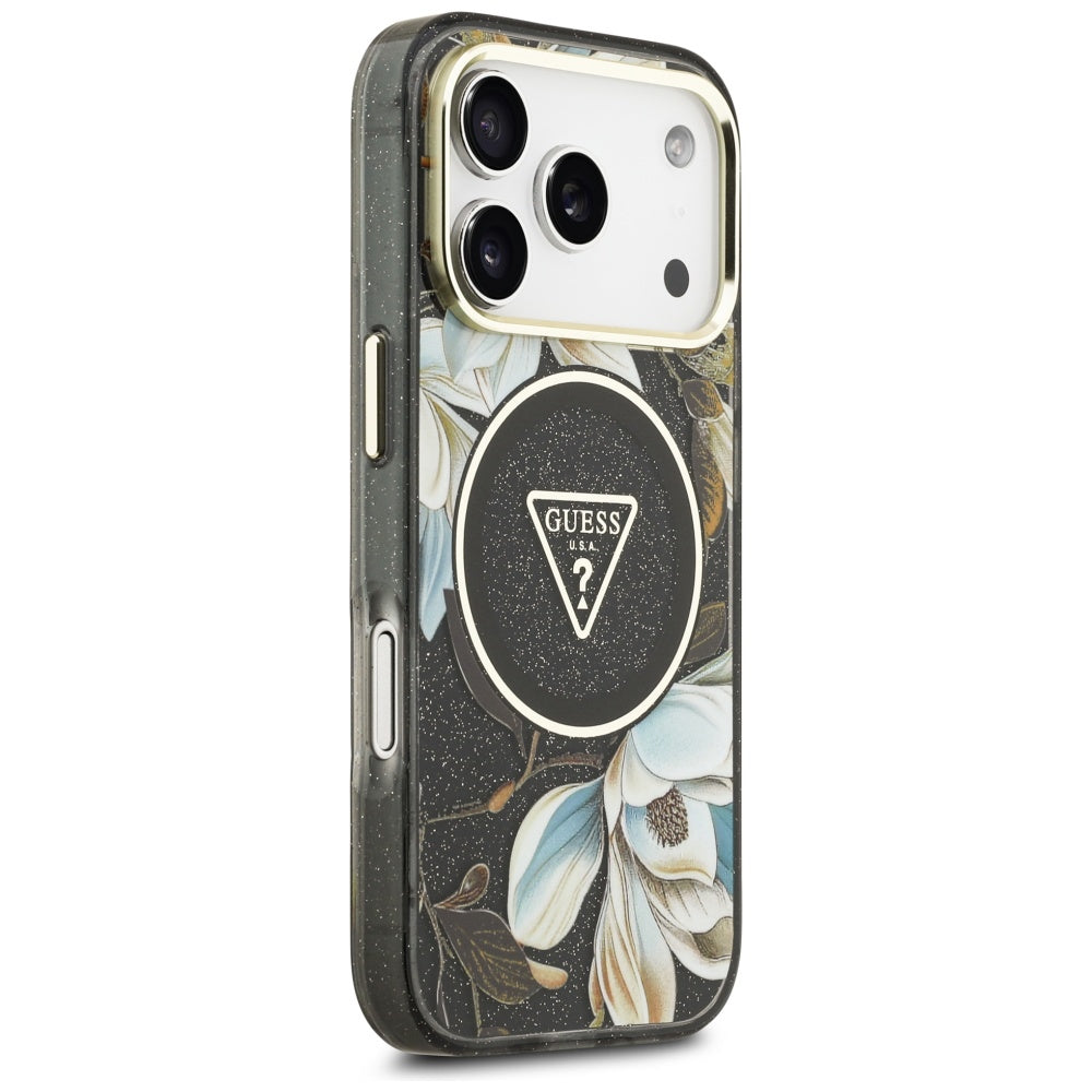 Husa MagSafe pentru Apple iPhone 17 Pro, Guess, IML Metal Glitter Flowers Triangle, Neagra