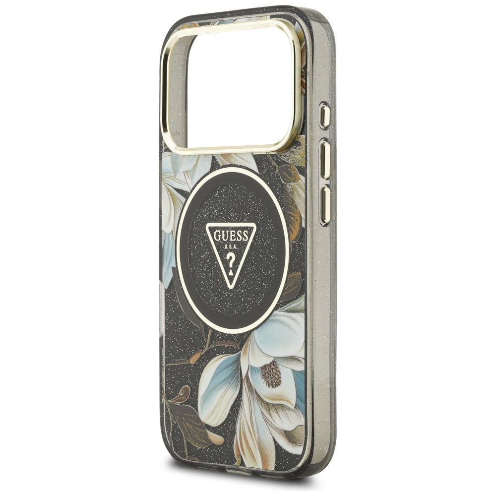 Husa MagSafe pentru Apple iPhone 17 Pro, Guess, IML Metal Glitter Flowers Triangle, Neagra