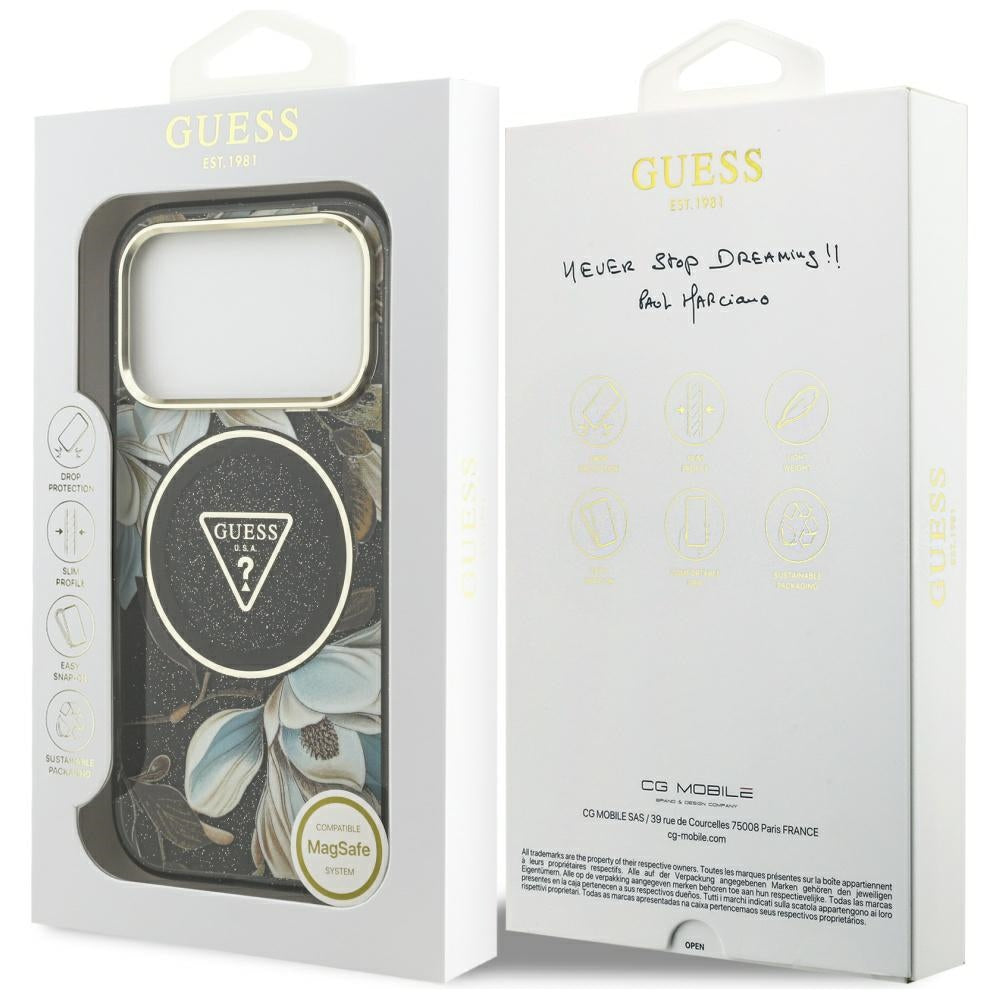 Husa MagSafe pentru Apple iPhone 17 Pro, Guess, IML Metal Glitter Flowers Triangle, Neagra