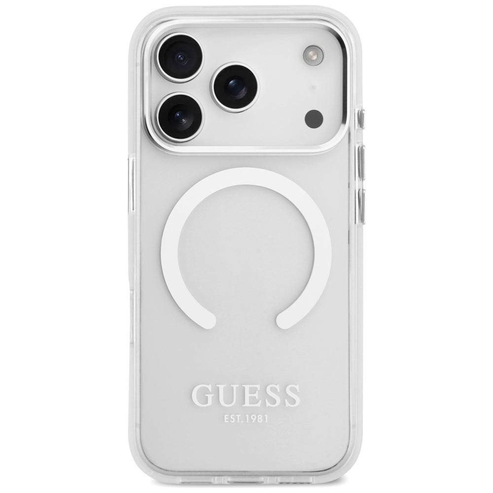 Husa MagSafe pentru Apple iPhone 17 Pro, Guess, Metal Outline, Argintie
