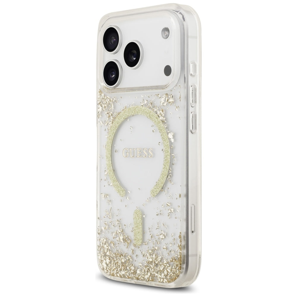 Husa MagSafe pentru Apple iPhone 17 Pro, Guess, Resin Bottom Glitter, Aurie