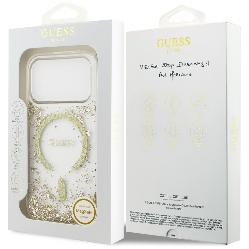 Husa MagSafe pentru Apple iPhone 17 Pro, Guess, Resin Bottom Glitter, Aurie