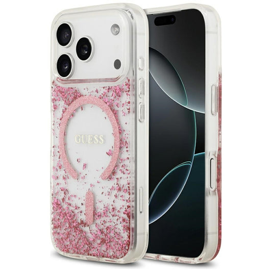 Husa MagSafe pentru Apple iPhone 17 Pro, Guess, Resin Bottom Glitter , Roz