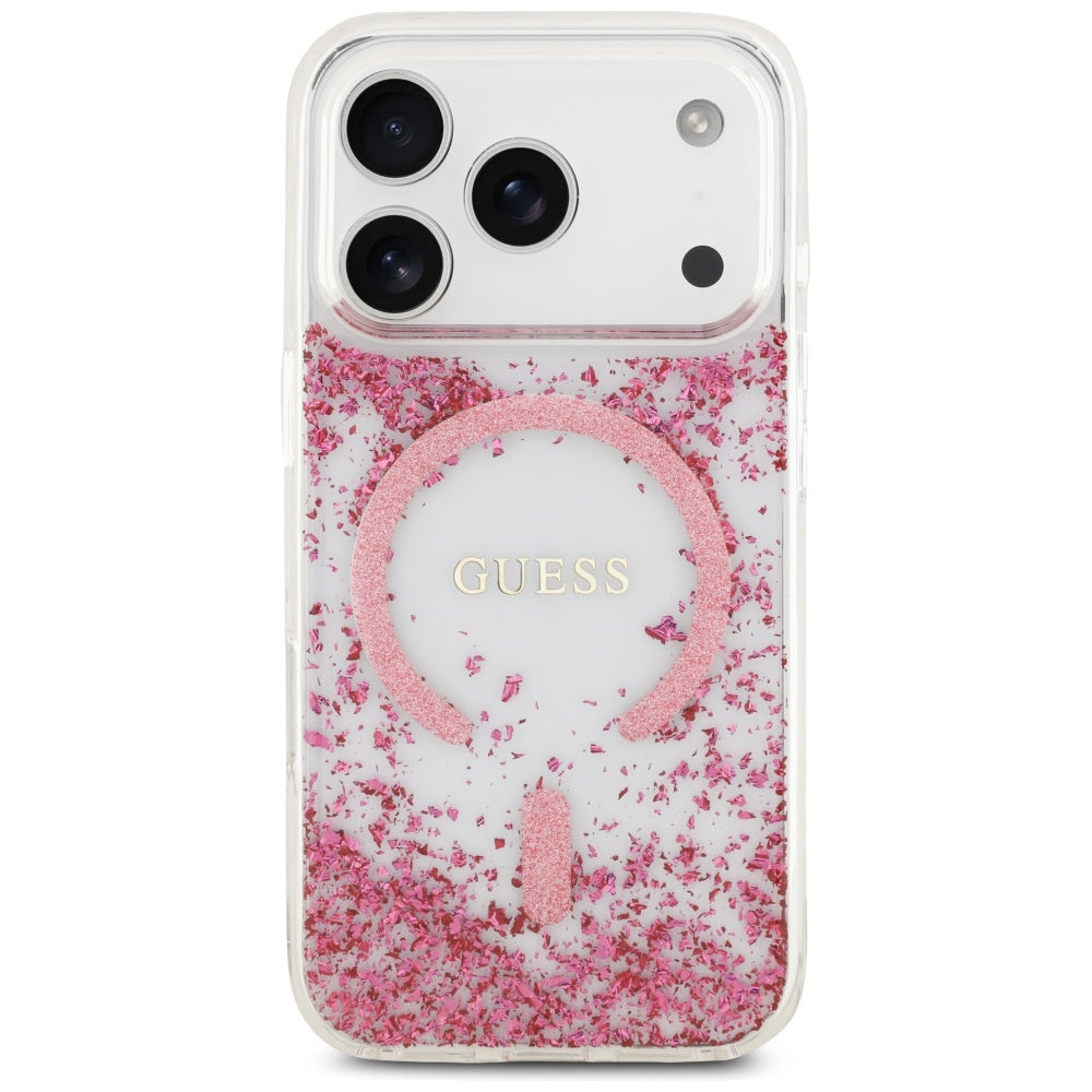 Husa MagSafe pentru Apple iPhone 17 Pro, Guess, Resin Bottom Glitter, Roz