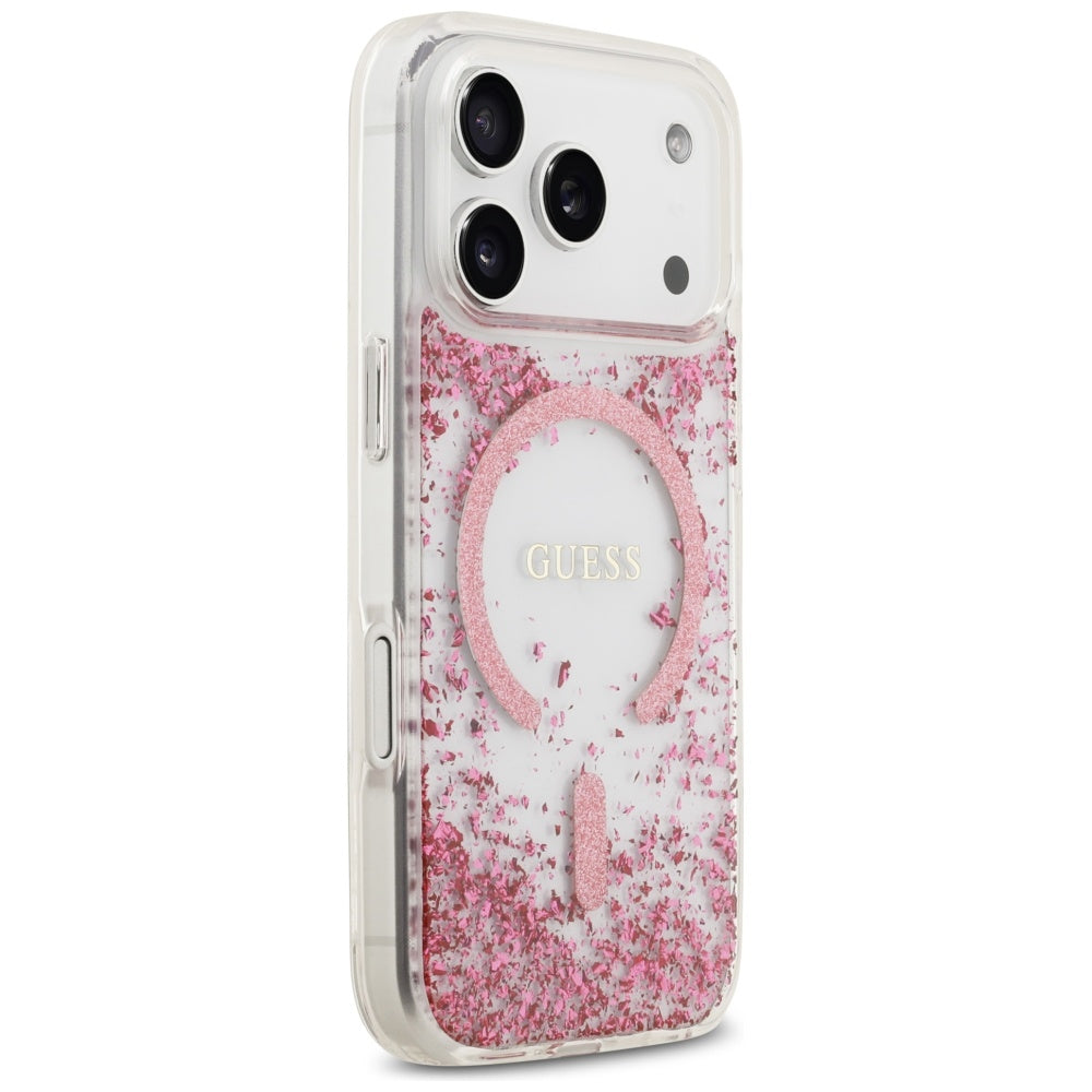 Husa MagSafe pentru Apple iPhone 17 Pro, Guess, Resin Bottom Glitter, Roz
