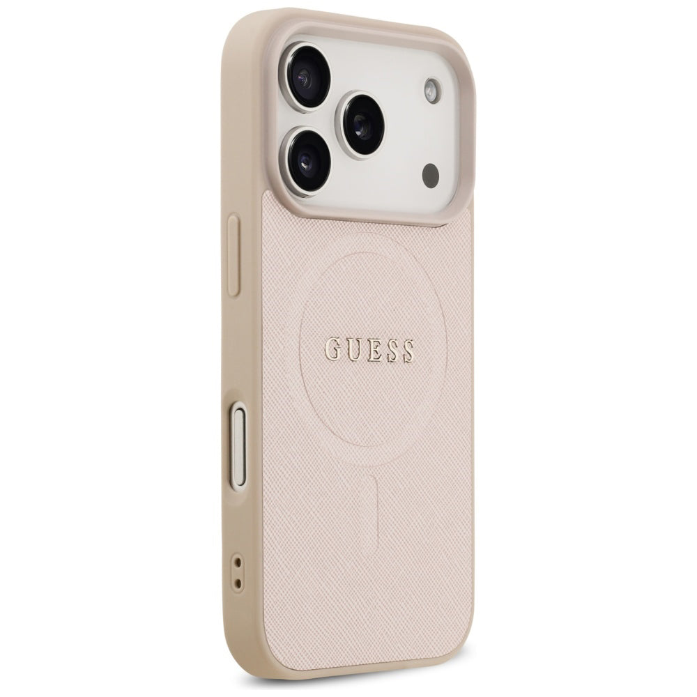 Husa MagSafe pentru Apple iPhone 17 Pro, Guess, Saffiano Classic Logo, Roz