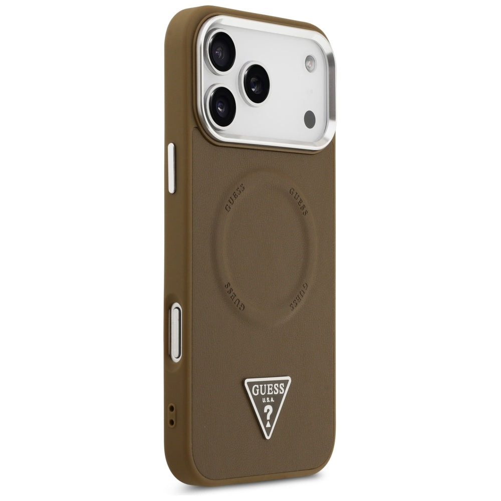 Husa MagSafe pentru Apple iPhone 17 Pro, Guess, Triangle Logo, Maro Argintie