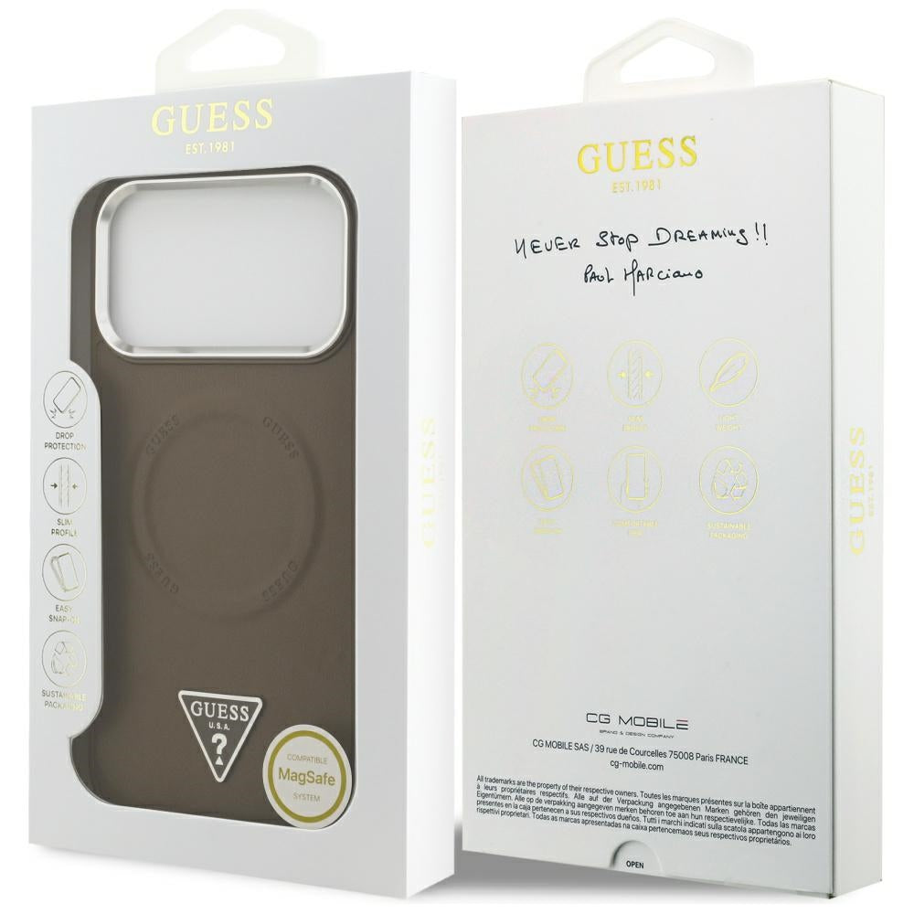 Husa MagSafe pentru Apple iPhone 17 Pro, Guess, Triangle Logo, Maro Argintie