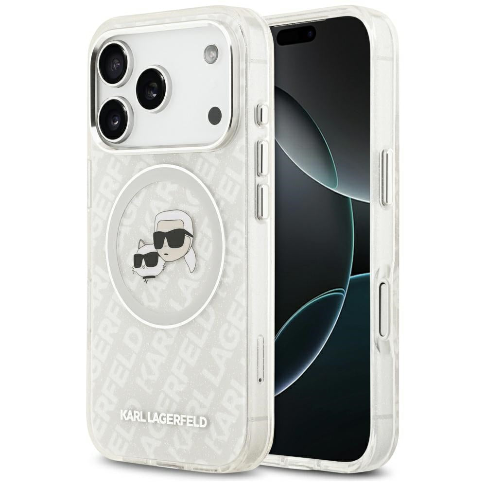 Husa MagSafe pentru Apple iPhone 17 Pro, Karl Lagerfeld, Glitter Karl & Choupette Head, Alba
