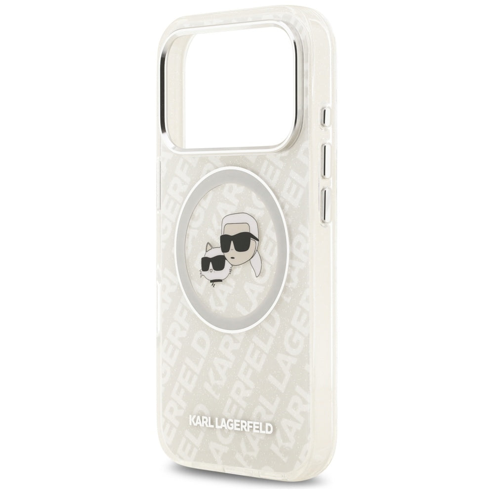 Husa MagSafe pentru Apple iPhone 17 Pro, Karl Lagerfeld, Glitter Karl & Choupette Head, Alba