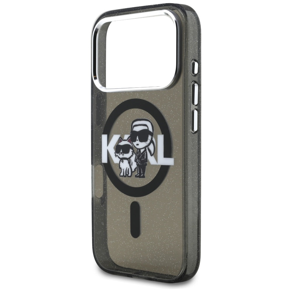 Husa MagSafe pentru Apple iPhone 17 Pro, Karl Lagerfeld, IML Sketch Logo Glitter Karl & Choupette, Neagra