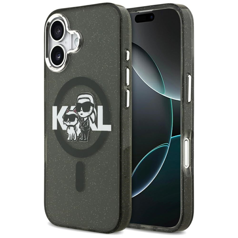 Husa MagSafe pentru Apple iPhone 17 Pro, Karl Lagerfeld, IML Sketch Logo Glitter Karl & Choupette, Neagra