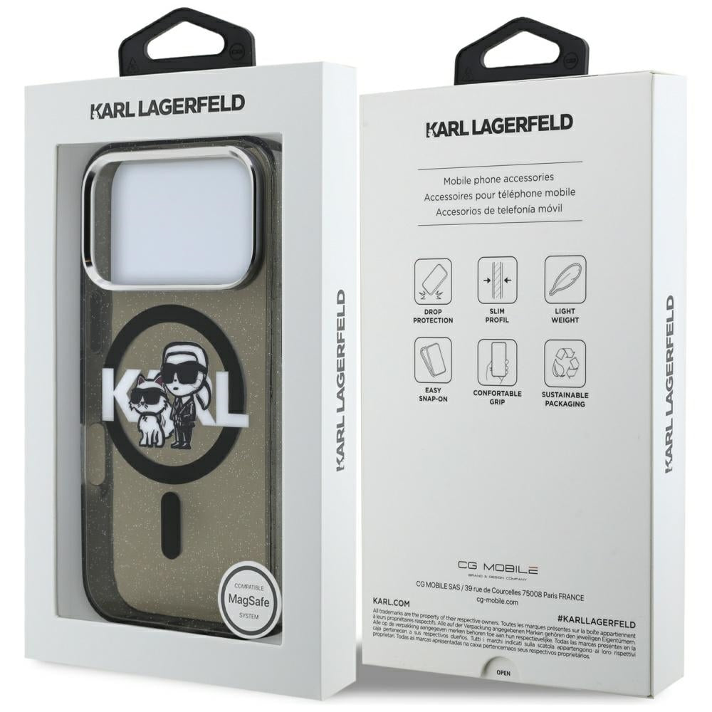 Husa MagSafe pentru Apple iPhone 17 Pro, Karl Lagerfeld, IML Sketch Logo Glitter Karl & Choupette, Neagra