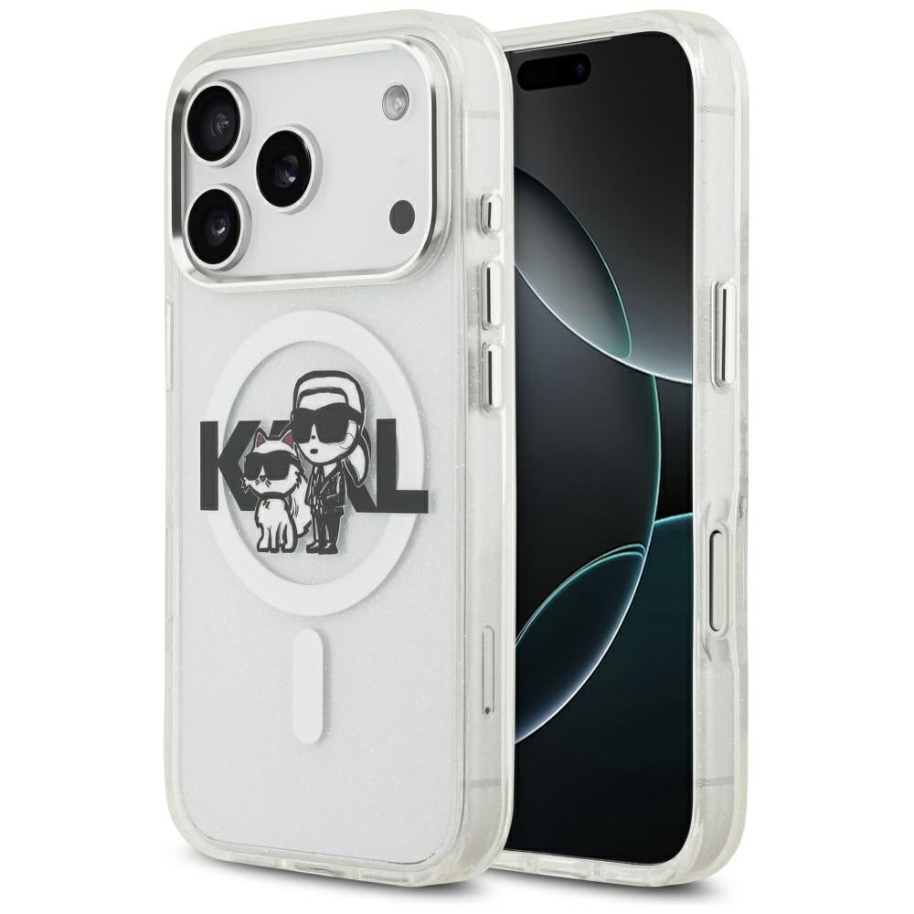 Husa MagSafe pentru Apple iPhone 17 Pro, Karl Lagerfeld, IML Sketch Logo Glitter Karl & Choupette, Transparenta