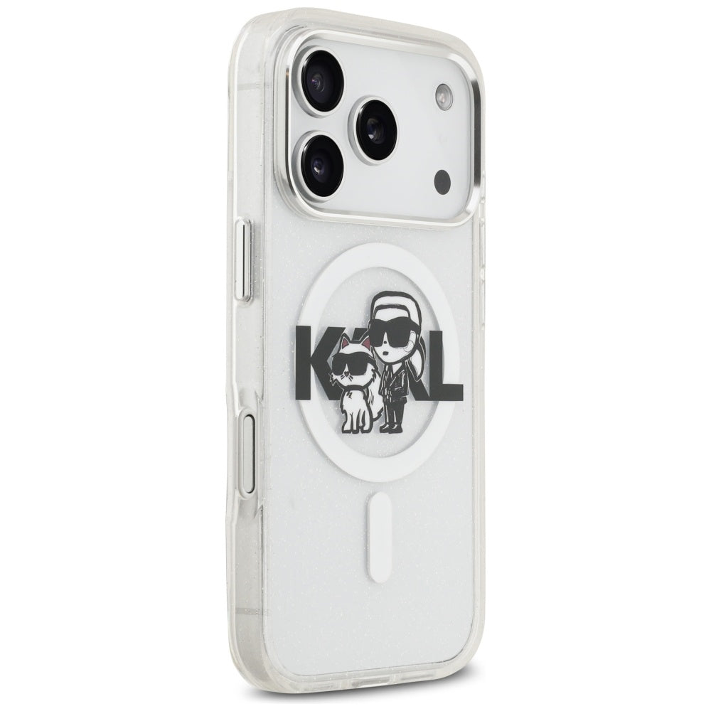 Husa MagSafe pentru Apple iPhone 17 Pro, Karl Lagerfeld, IML Sketch Logo Glitter Karl & Choupette, Transparenta