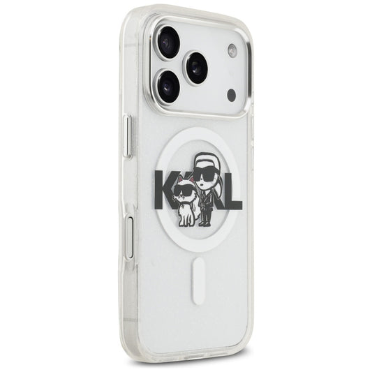 Husa MagSafe pentru Apple iPhone 17 Pro, Karl Lagerfeld, IML Sketch Logo Glitter Karl & Choupette , Transparenta