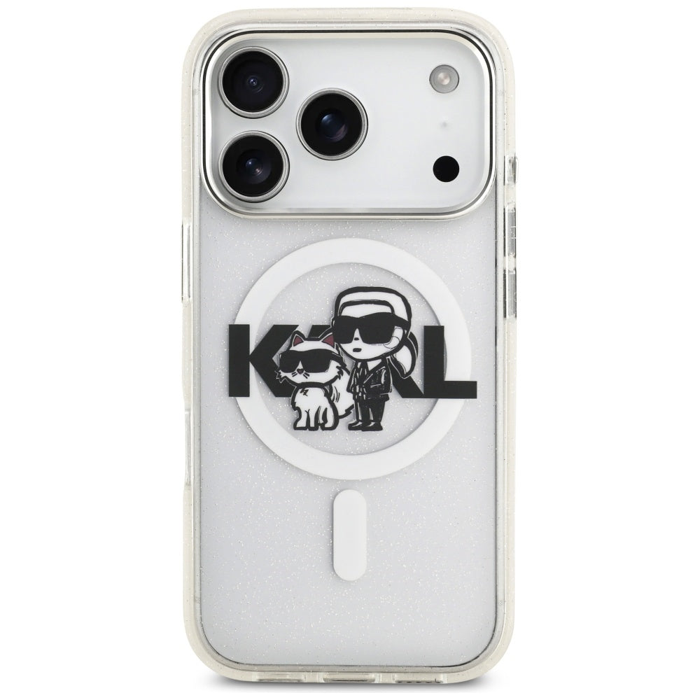 Husa MagSafe pentru Apple iPhone 17 Pro, Karl Lagerfeld, IML Sketch Logo Glitter Karl & Choupette, Transparenta