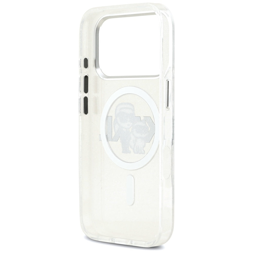 Husa MagSafe pentru Apple iPhone 17 Pro, Karl Lagerfeld, IML Sketch Logo Glitter Karl & Choupette, Transparenta