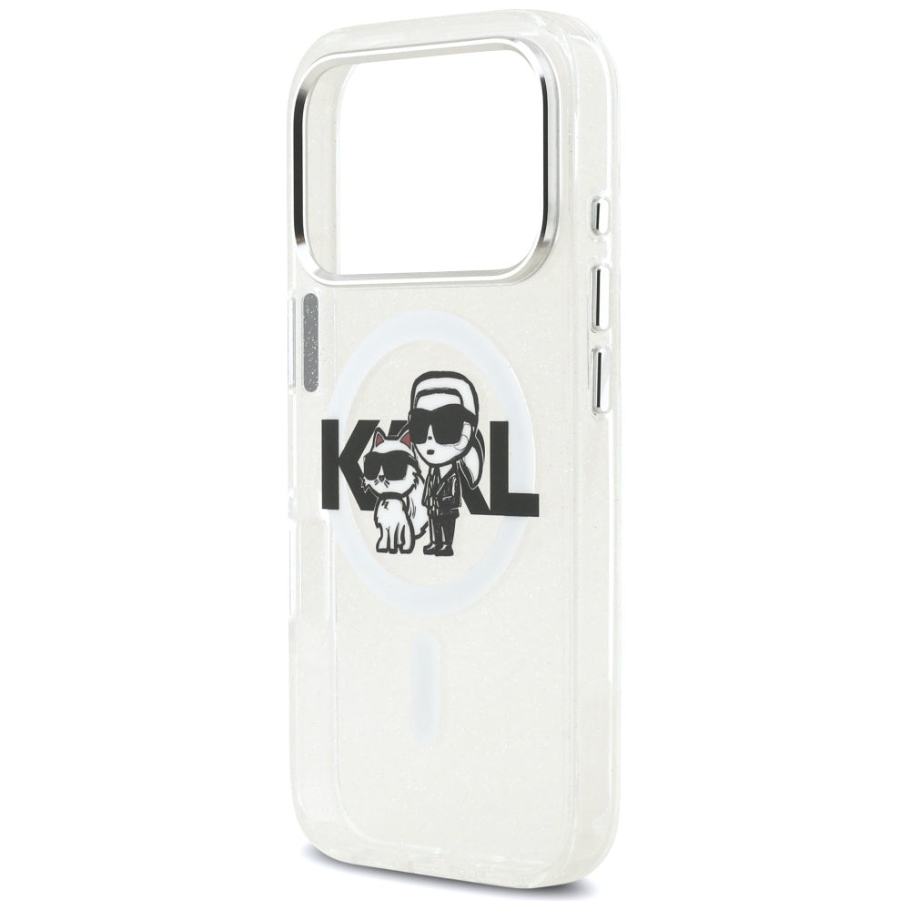 Husa MagSafe pentru Apple iPhone 17 Pro, Karl Lagerfeld, IML Sketch Logo Glitter Karl & Choupette, Transparenta