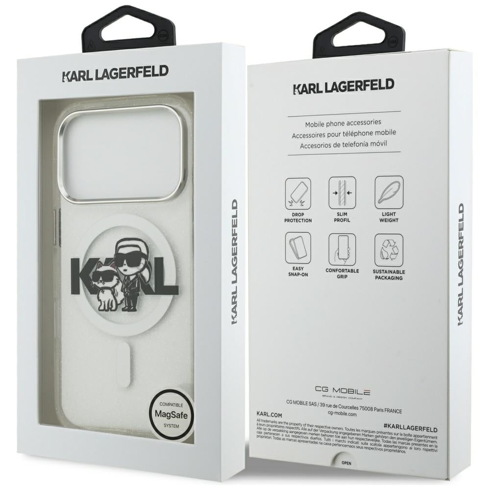 Husa MagSafe pentru Apple iPhone 17 Pro, Karl Lagerfeld, IML Sketch Logo Glitter Karl & Choupette, Transparenta