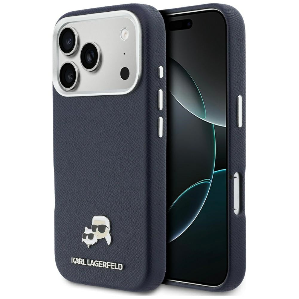 Husa MagSafe pentru Apple iPhone 17 Pro, Karl Lagerfeld, Saffiano Karl & Choupette Pins, Albastra