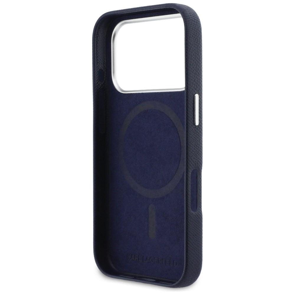 Husa MagSafe pentru Apple iPhone 17 Pro, Karl Lagerfeld, Saffiano Karl & Choupette Pins, Albastra
