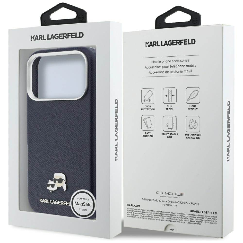 Husa MagSafe pentru Apple iPhone 17 Pro, Karl Lagerfeld, Saffiano Karl & Choupette Pins, Albastra