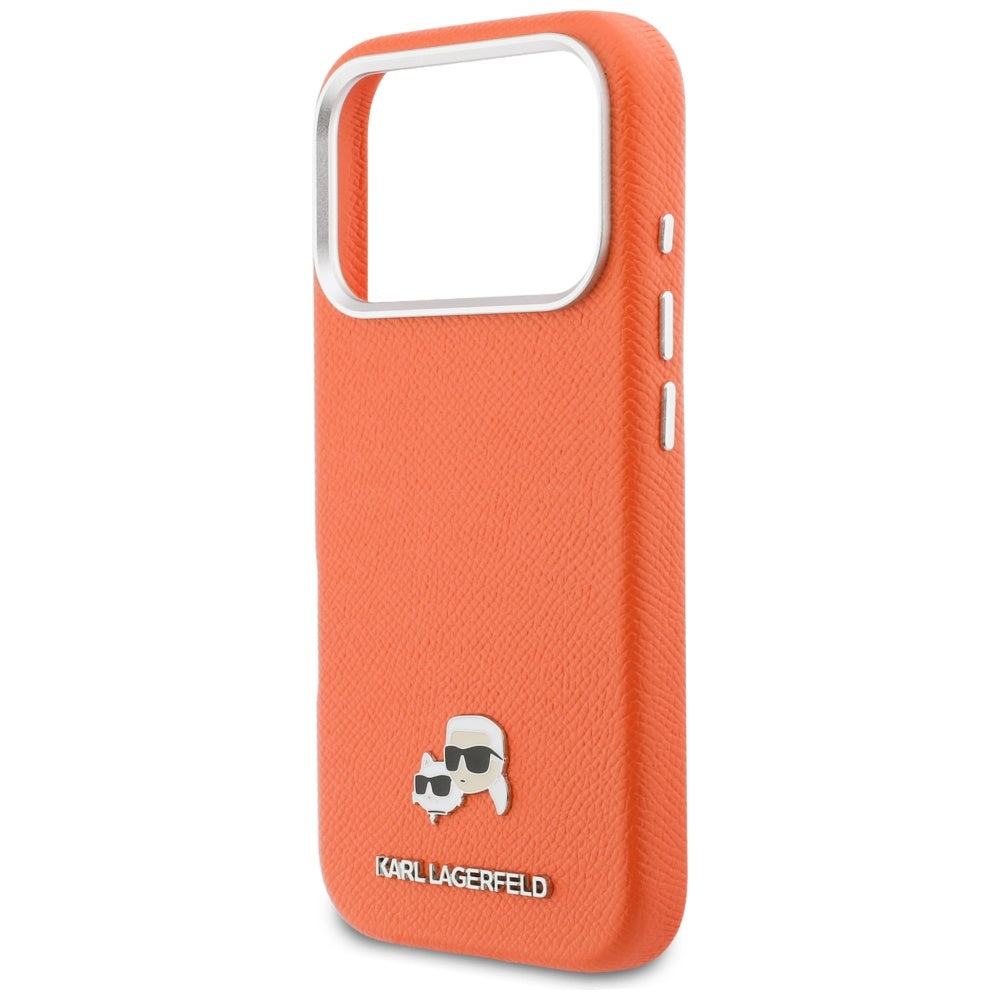 Husa MagSafe pentru Apple iPhone 17 Pro, Karl Lagerfeld, Saffiano Karl & Choupette Pins, Portocalie