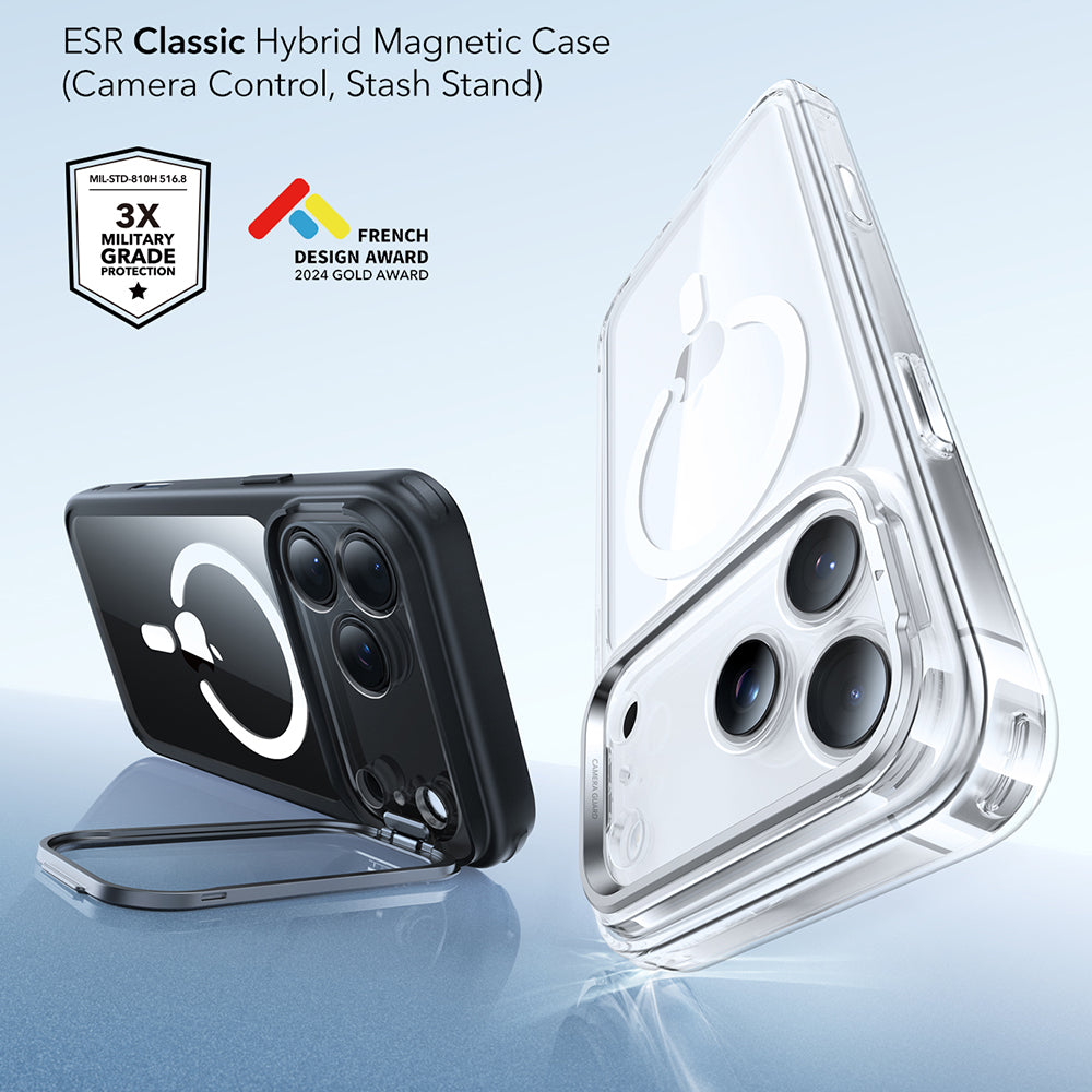 Husa MagSafe pentru Apple iPhone 17 Pro Max, ESR, Classic Hybrid Kickstand, Neagra Transparenta