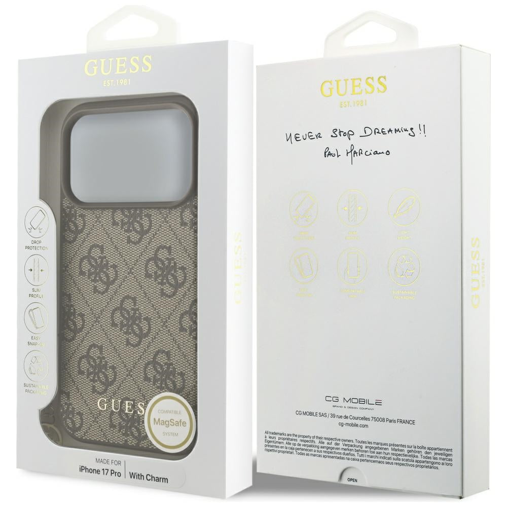 Husa MagSafe pentru Apple iPhone 17 Pro Max, Guess, 4G Charm Cradle, Maro
