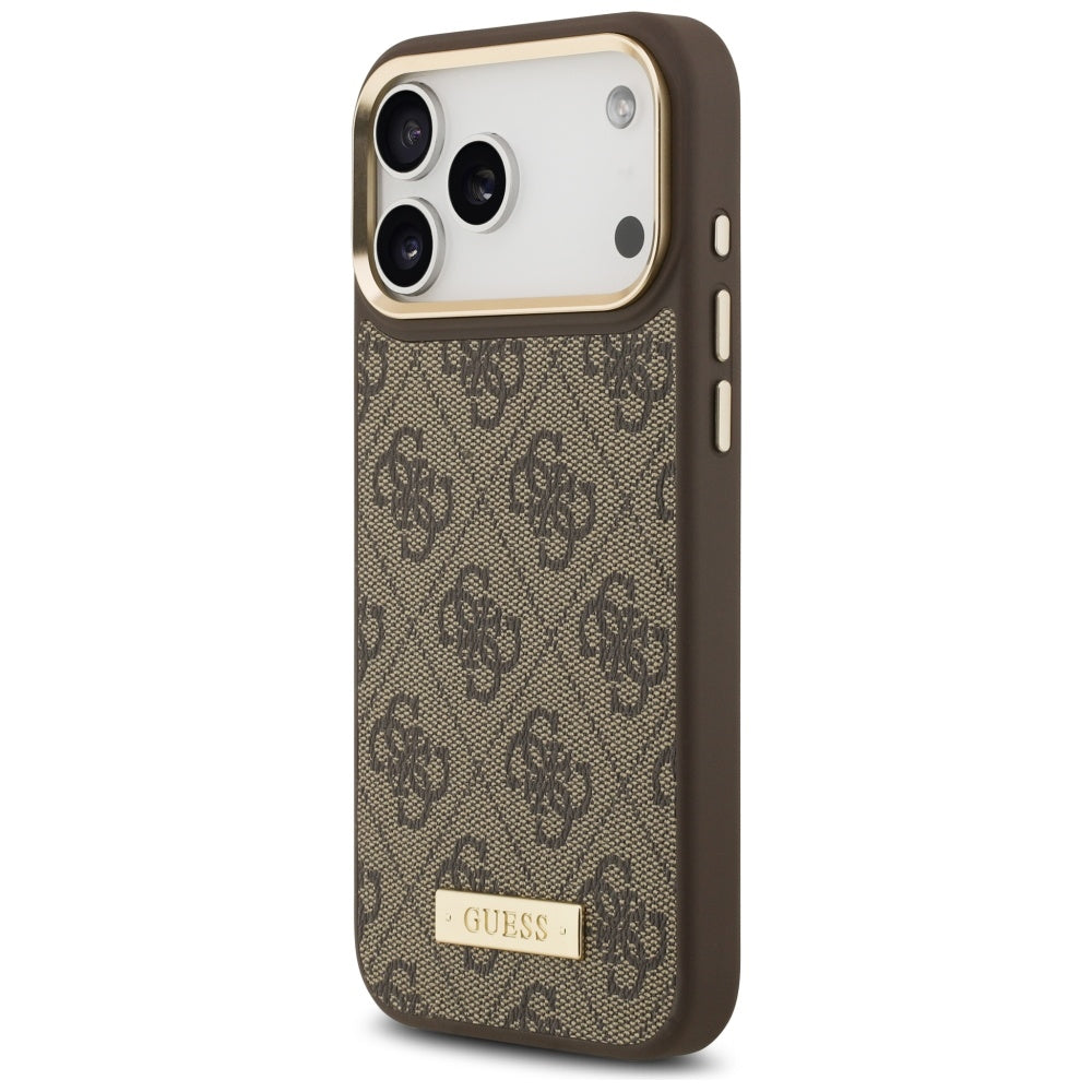 Husa MagSafe pentru Apple iPhone 17 Pro Max, Guess, 4G Logo Plate, Maro