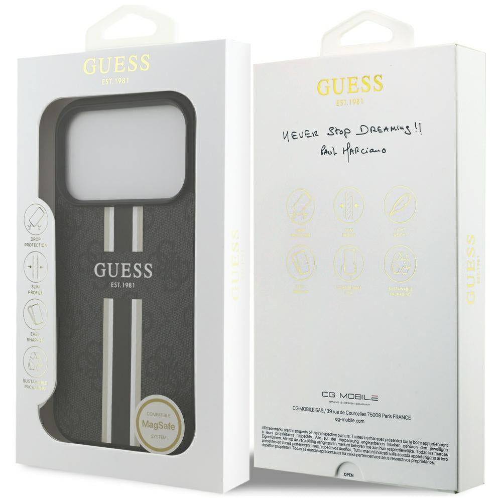 Husa MagSafe pentru Apple iPhone 17 Pro Max, Guess, 4G Printed Stripes, Neagra