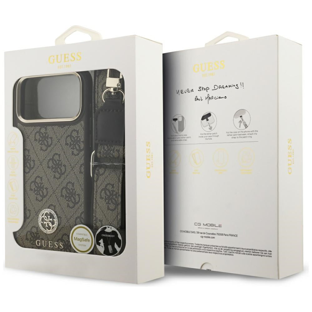Husa MagSafe pentru Apple iPhone 17 Pro Max, Guess, 4G Strass Logo with Big Strap, Maro