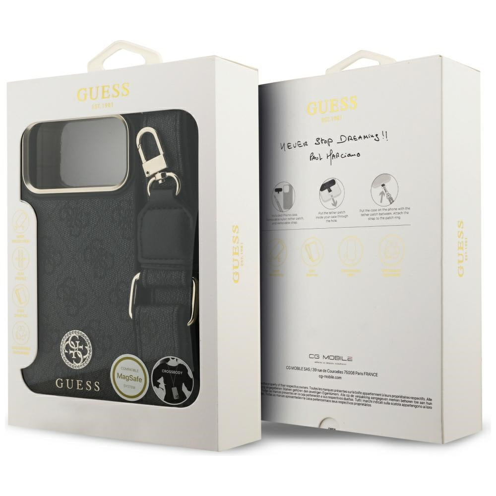 Husa MagSafe pentru Apple iPhone 17 Pro Max, Guess, 4G Strass Logo with Big Strap, Neagra