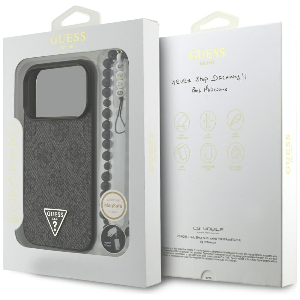 Husa MagSafe pentru Apple iPhone 17 Pro Max, Guess, 4G Triangle Logo with Cord Strap, Neagra