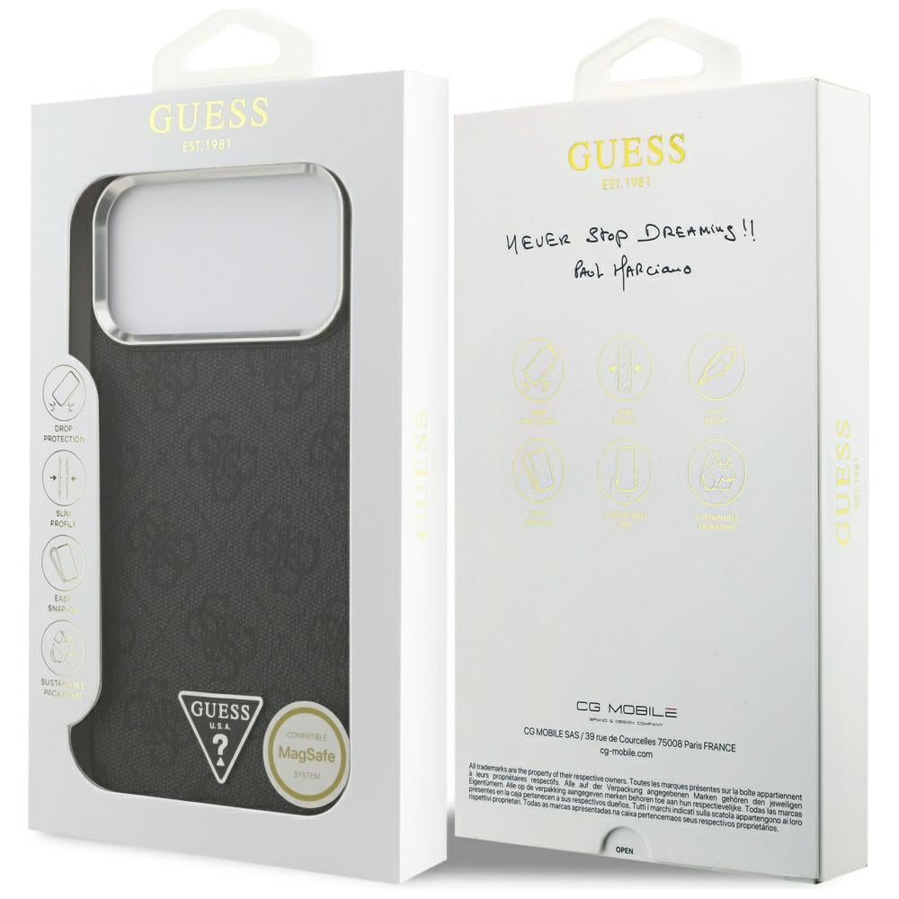 Husa MagSafe pentru Apple iPhone 17 Pro Max, Guess, 4G Triangle Logo, Neagra Argintie