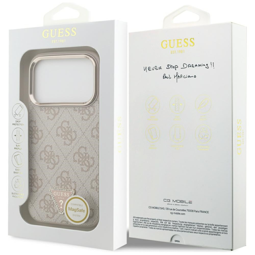 Husa MagSafe pentru Apple iPhone 17 Pro Max, Guess, 4G Triangle Logo, Roz Aurie