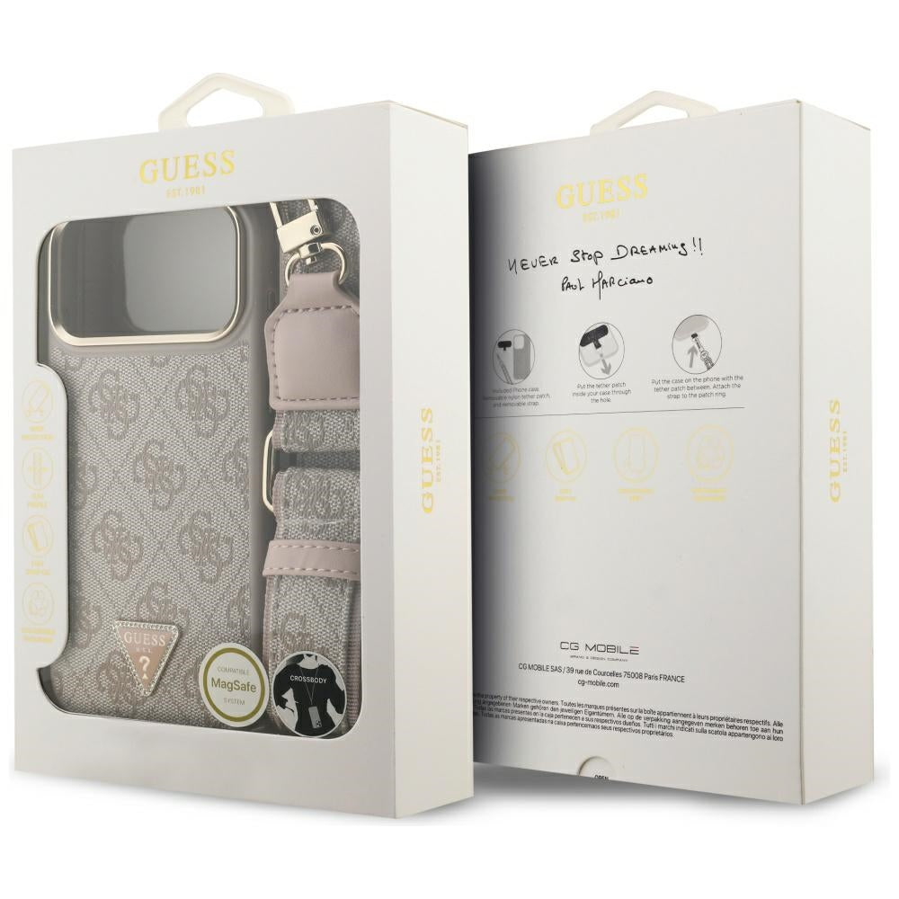 Husa MagSafe pentru Apple iPhone 17 Pro Max, Guess, 4G Triangle Logo with Big Strap, Roz