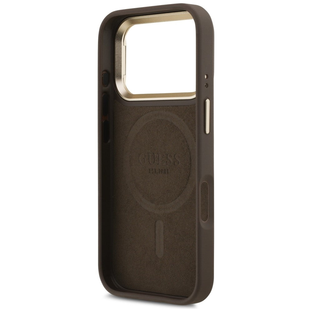Husa MagSafe pentru Apple iPhone 17 Pro Max, Guess, 4G Triangle Logo with Stand Camera, Maro Aurie