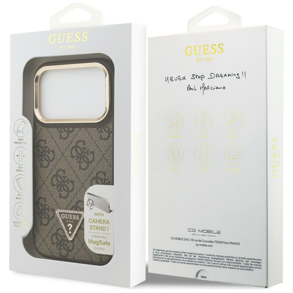 Husa MagSafe pentru Apple iPhone 17 Pro Max, Guess, 4G Triangle Logo with Stand Camera, Maro Aurie