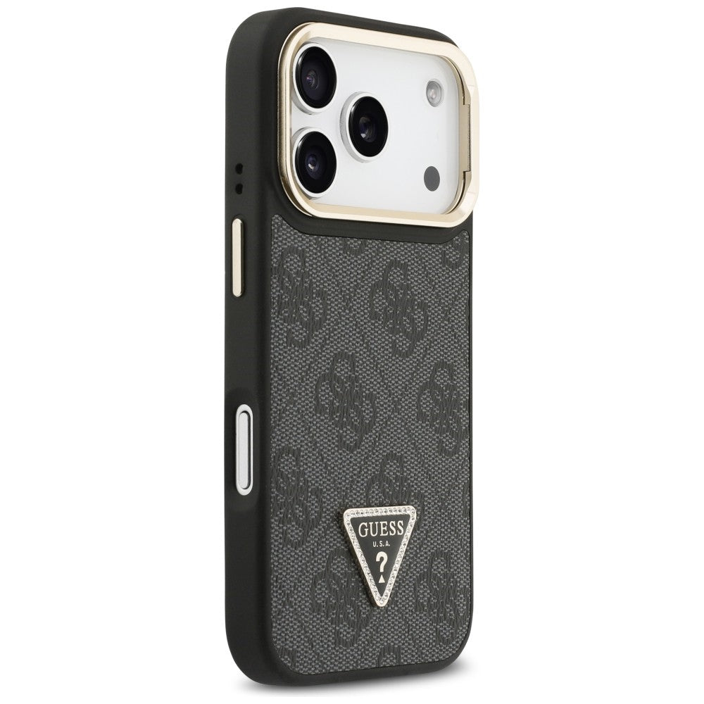 Husa MagSafe pentru Apple iPhone 17 Pro Max, Guess, 4G Triangle Logo with Stand Camera, Neagra Aurie