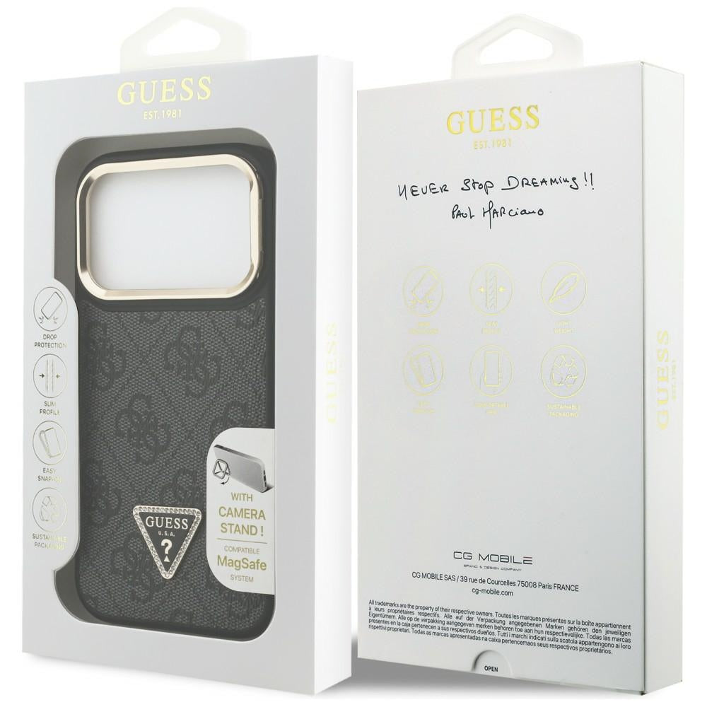 Husa MagSafe pentru Apple iPhone 17 Pro Max, Guess, 4G Triangle Logo with Stand Camera, Neagra Aurie