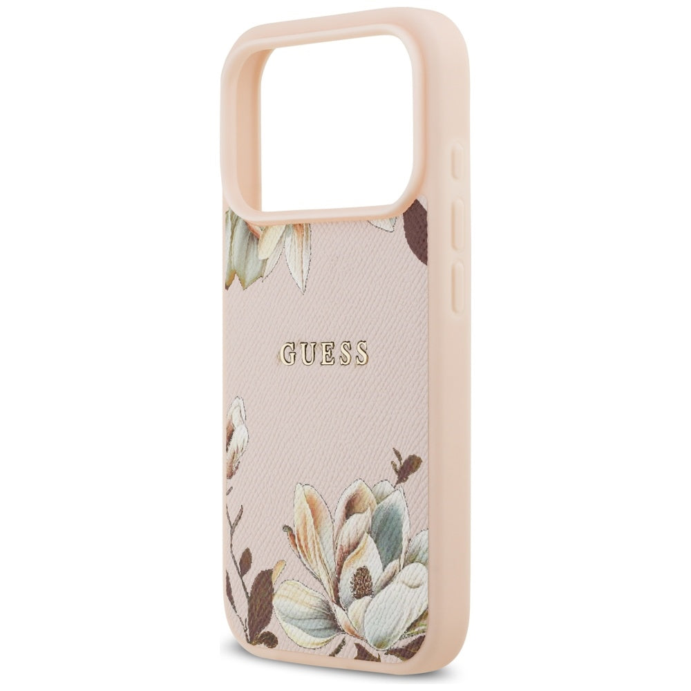 Husa MagSafe pentru Apple iPhone 17 Pro Max, Guess, Grained Flowers, Roz