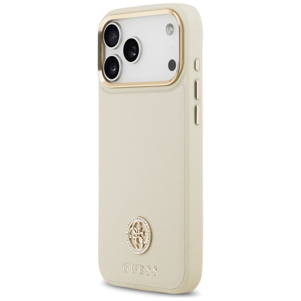 Husa MagSafe pentru Apple iPhone 17 Pro Max, Guess, Grained Strass Logo, Bej