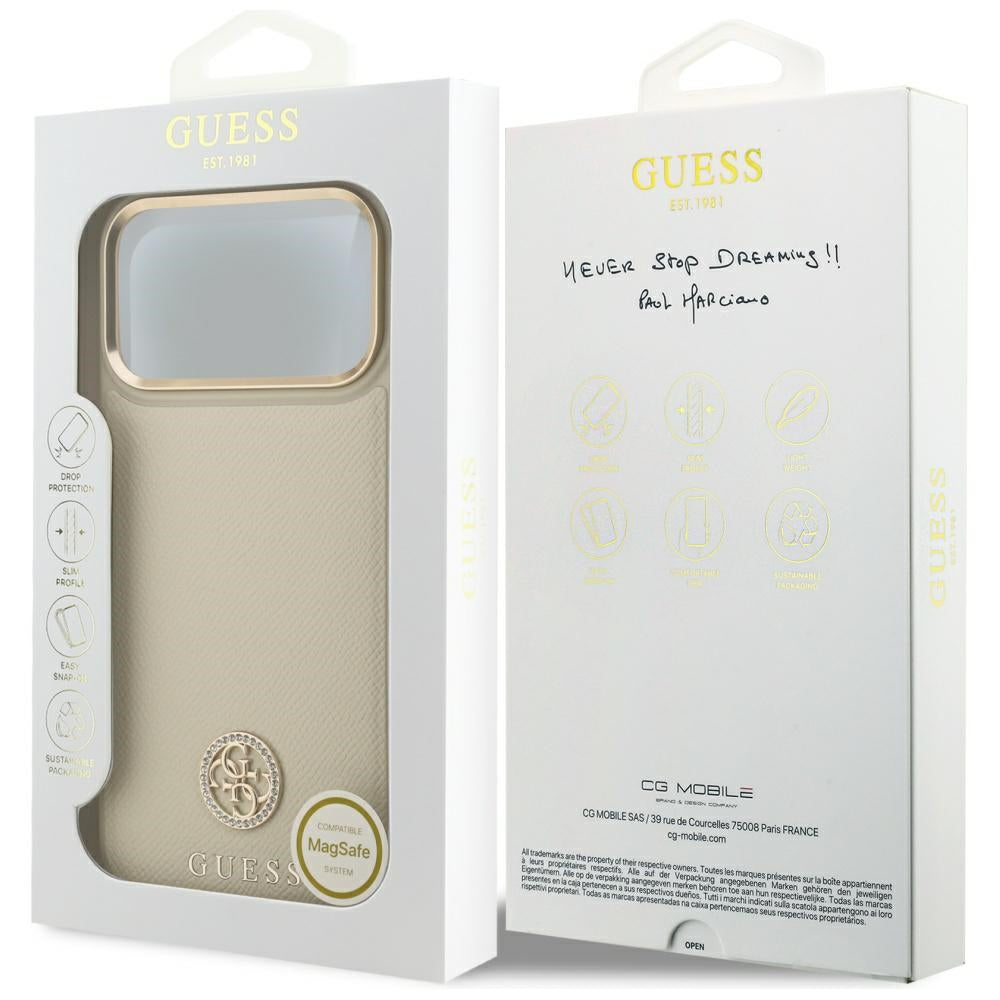 Husa MagSafe pentru Apple iPhone 17 Pro Max, Guess, Grained Strass Logo, Bej