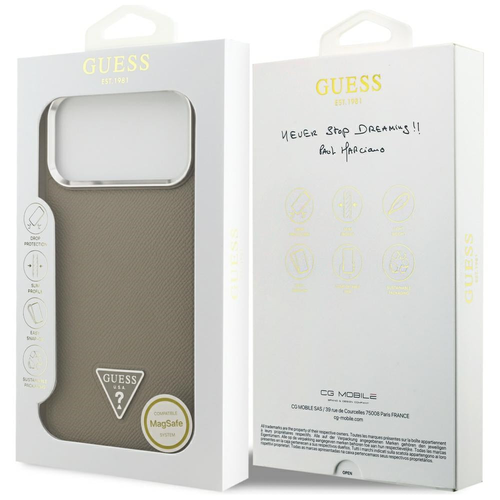 Husa MagSafe pentru Apple iPhone 17 Pro Max, Guess, Grained Triangle Logo, Maro