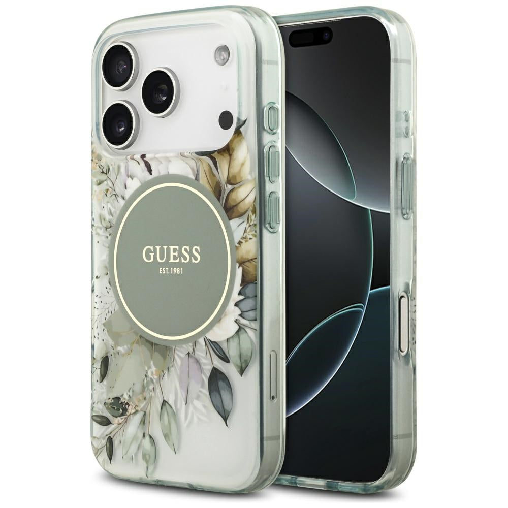 Husa MagSafe pentru Apple iPhone 17 Pro Max, Guess, IML Flower & Tonal Circle, Verde