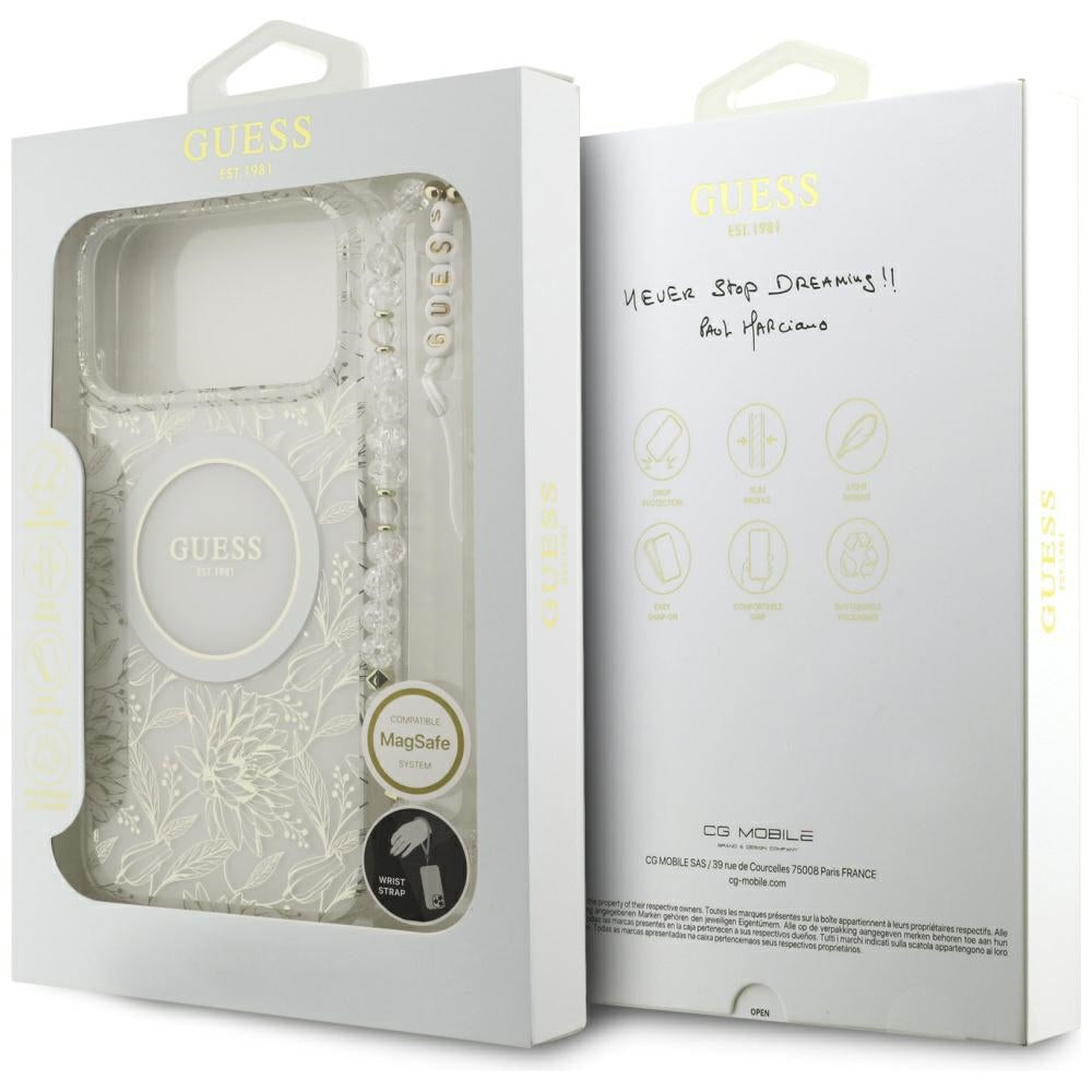 Husa MagSafe pentru Apple iPhone 17 Pro Max, Guess, IML Flowers Allover Electroplated with Pearl Strap, Alba
