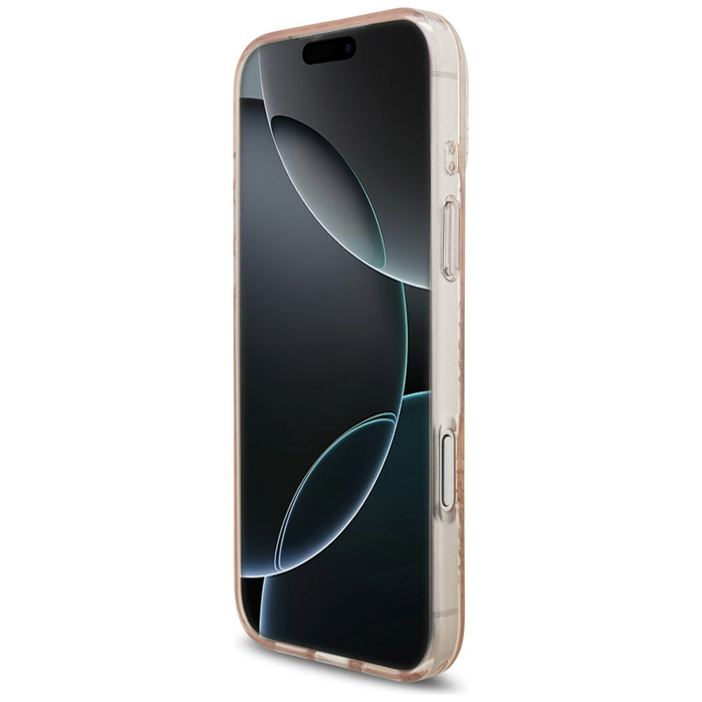 Husa MagSafe pentru Apple iPhone 17 Pro Max, Guess, IML Flowers Allover Electroplated with Pearl Strap, Roz